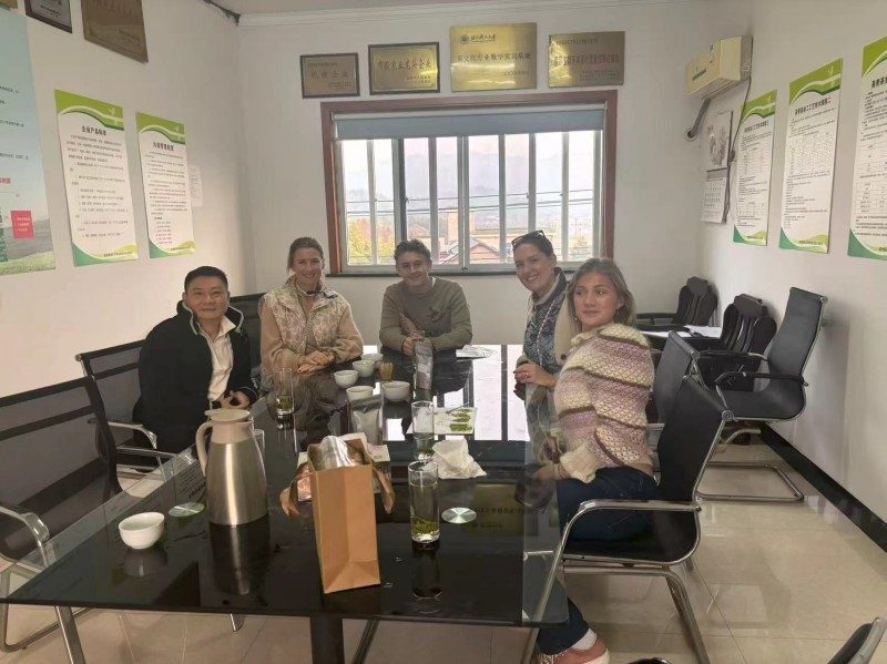 Alex and the guests are sipping green tea and chatting about matcha