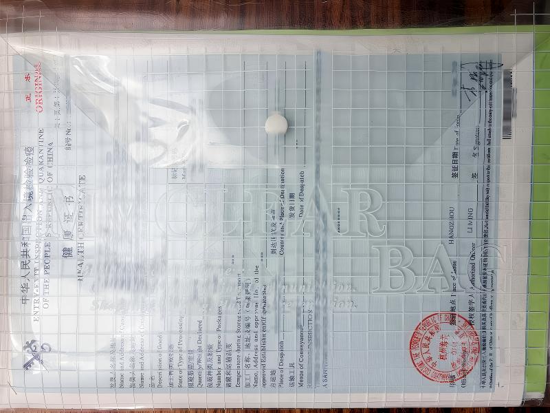 Export health certificate and batch documentation in clear file bag for shipment
