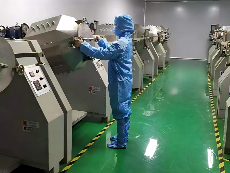 Hygienic matcha processing line with protective gear and industrial equipment at Zhiqinghe