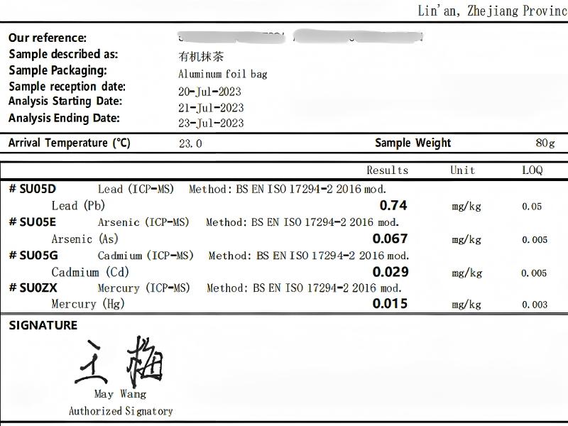 Third-party laboratory heavy metals test report excerpt for organic matcha — lead, arsenic, cadmium, mercury