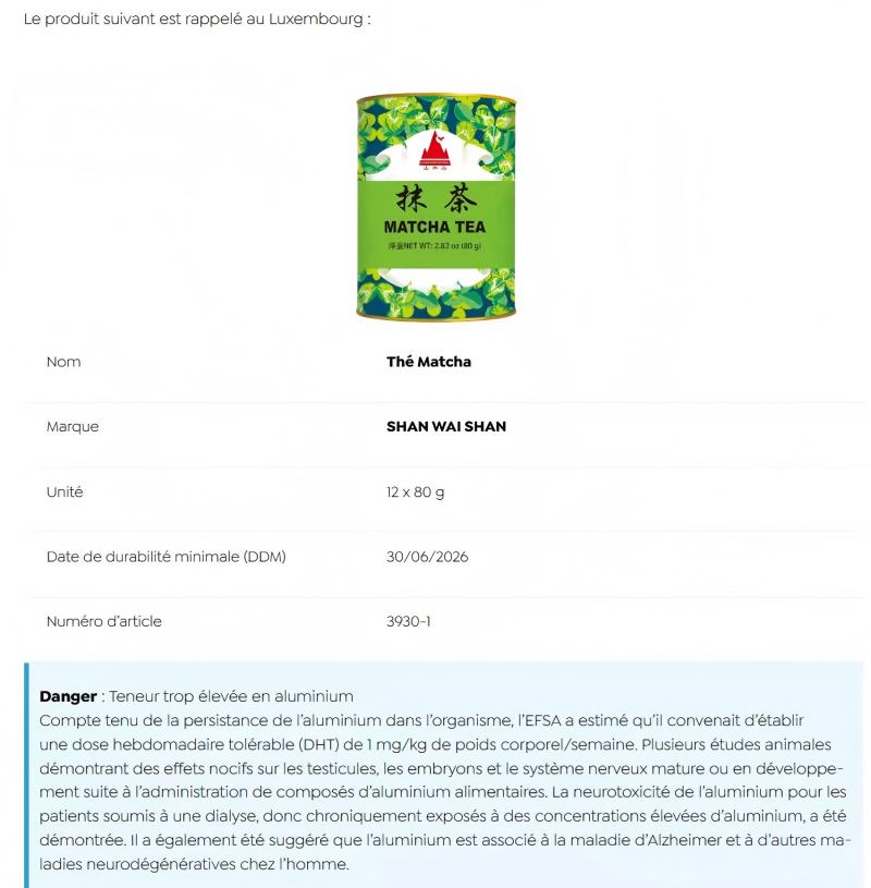 matcha recalls for excess aluminum