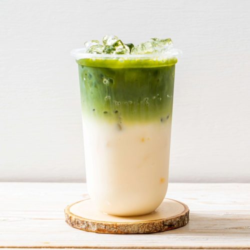 A beverage made with cherry matcha powder
