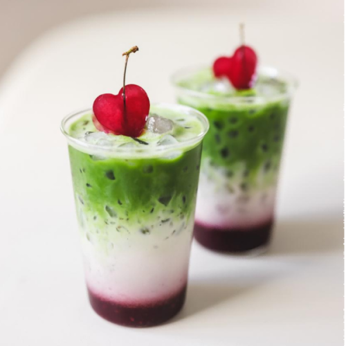 Cherry Matcha Latte with Cherry Garnish