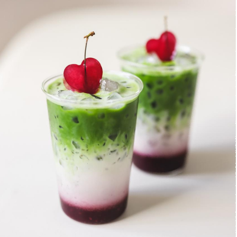 Cherry Matcha Latte with Cherry Garnish