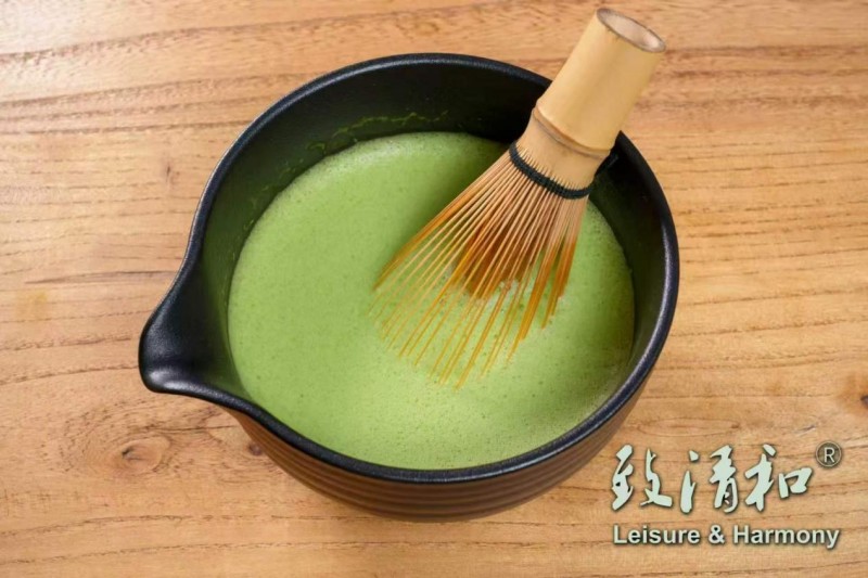 A cup of matcha on display