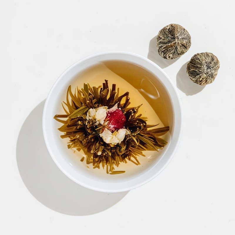 A cup of brewed flowering tea