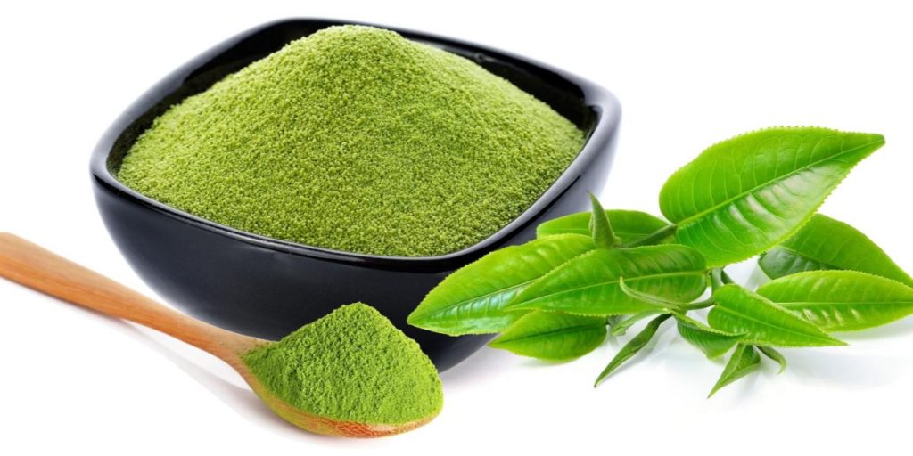 Matcha powder and Fresh tea leaves