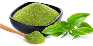 Matcha powder and Fresh tea leaves